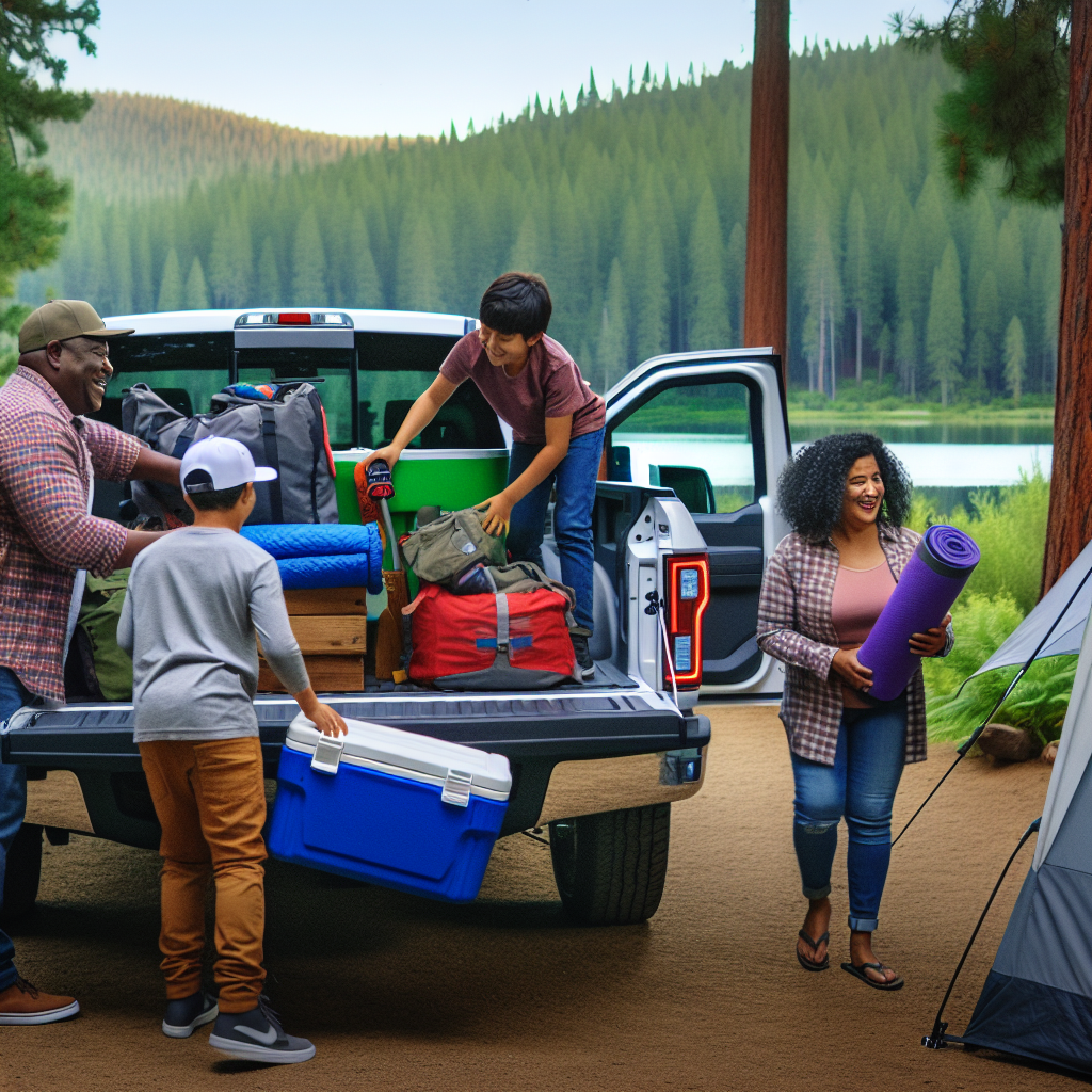 Family unloading camping gear from their Ford F-350 at a scenic campsite