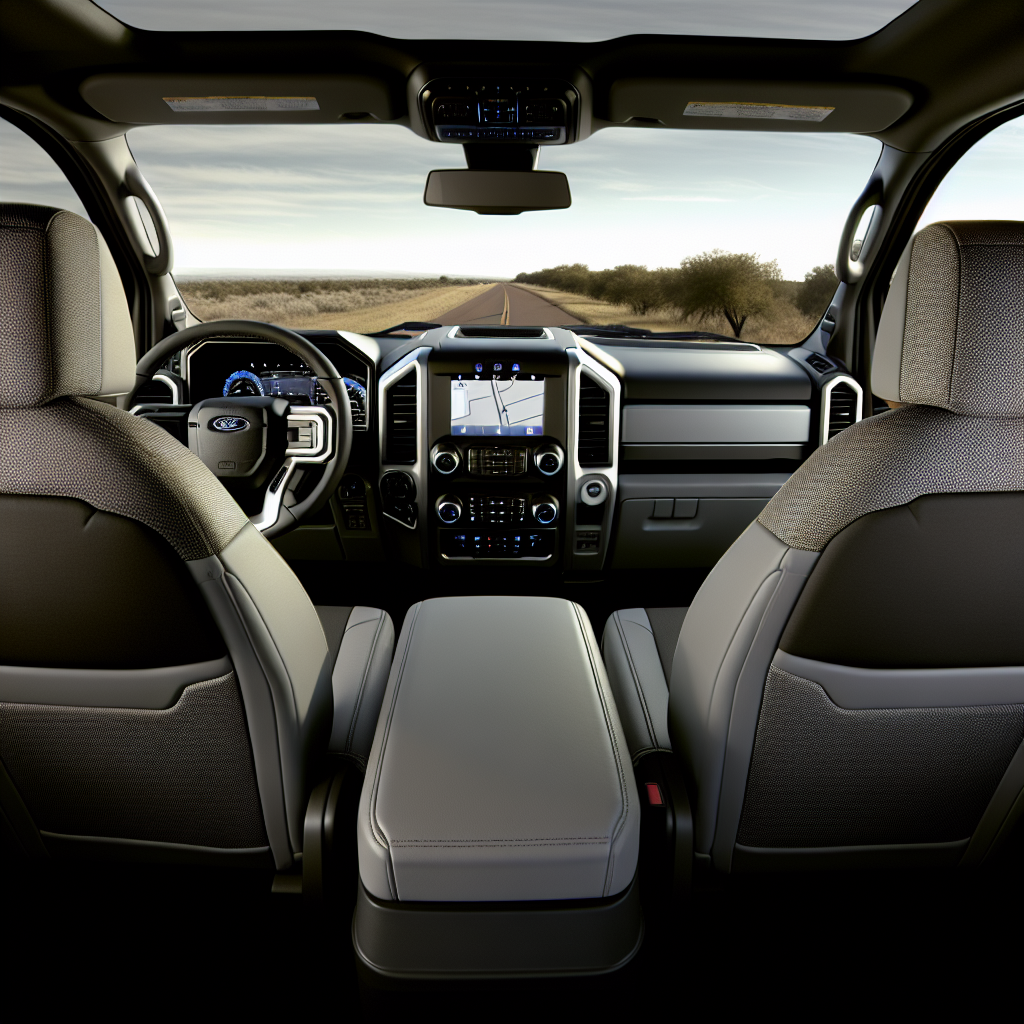 Interior view of a Ford F-350 showcasing its comfortable seating and advanced dashboard