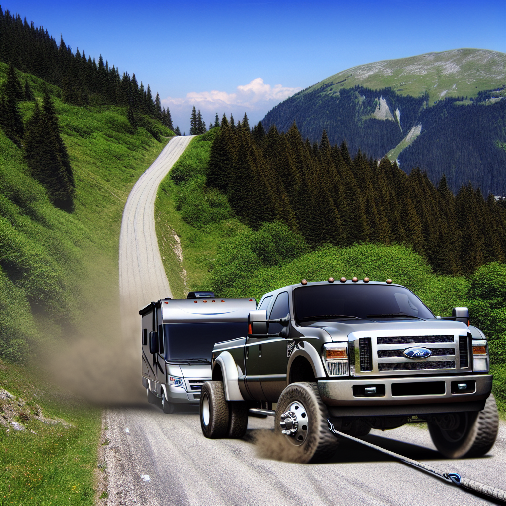 User experience of Ford F-350 towing a large camper up a mountain road