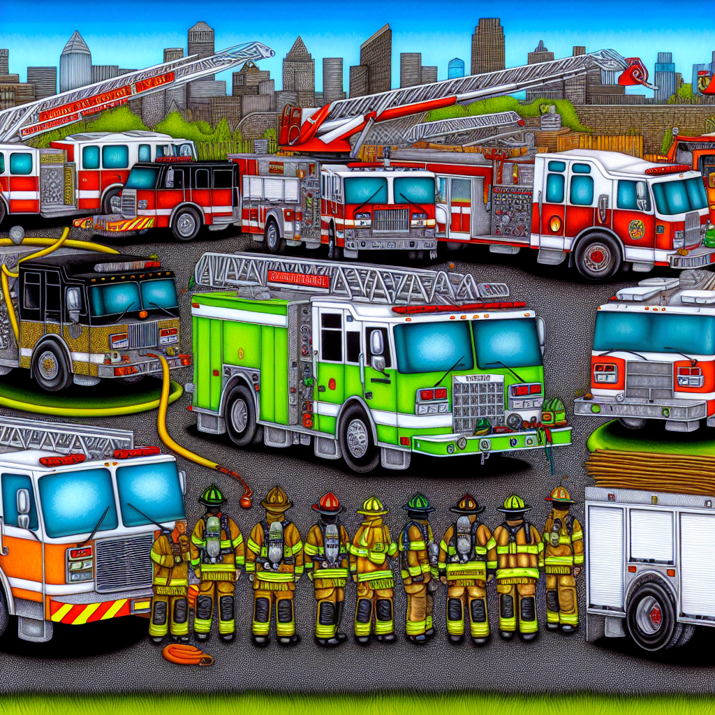 An illustration showcasing various types of fire apparatus, including fire trucks, wildland trucks, and rescue trucks, highlighting their diversity and features.