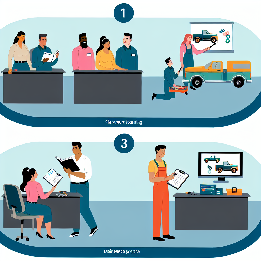 An image illustrating the training process for fleet technicians, showing steps such as classroom learning, hands-on training, and maintenance practice.