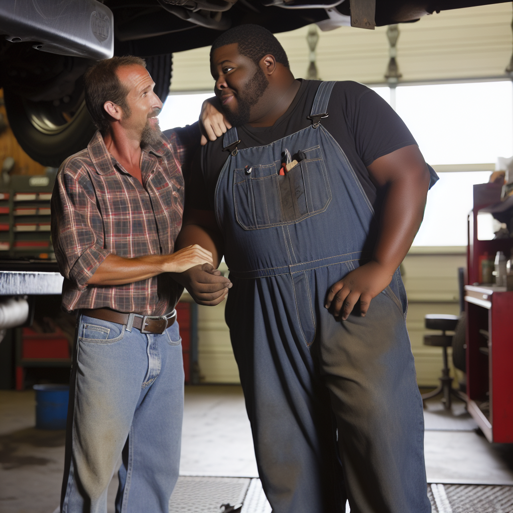 Robbie and Levi Turnage working together on a truck in a maintenance setting
