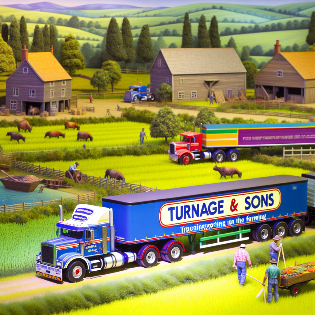 A picturesque rural landscape featuring Turnage & Sons trucks in action, showcasing their connection to agriculture and transportation.