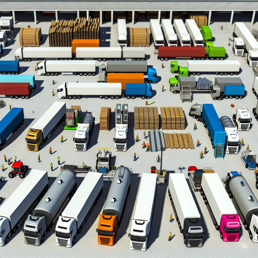 A visual representation of diversified trucking operations showcasing various truck types and cargoes such as dry vans, reefers, and construction materials.
