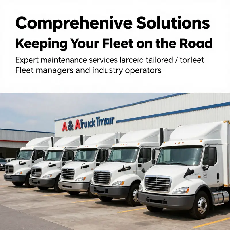 A fleet of trucks parked in a service yard at A & A Truck and Trailer Repair.