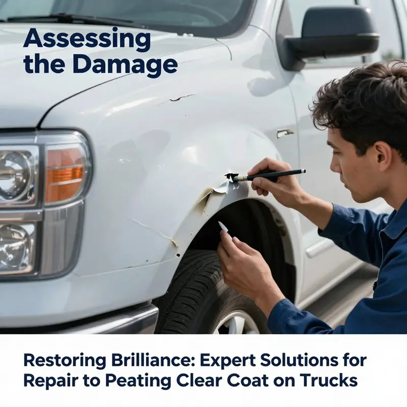 An expert assesses the condition of a truck’s clear coat to identify the extent of peeling.