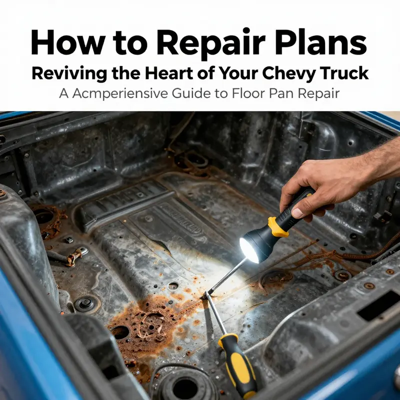 Inspecting a Chevy truck’s floor pan for rust and damage, preparing for repair.