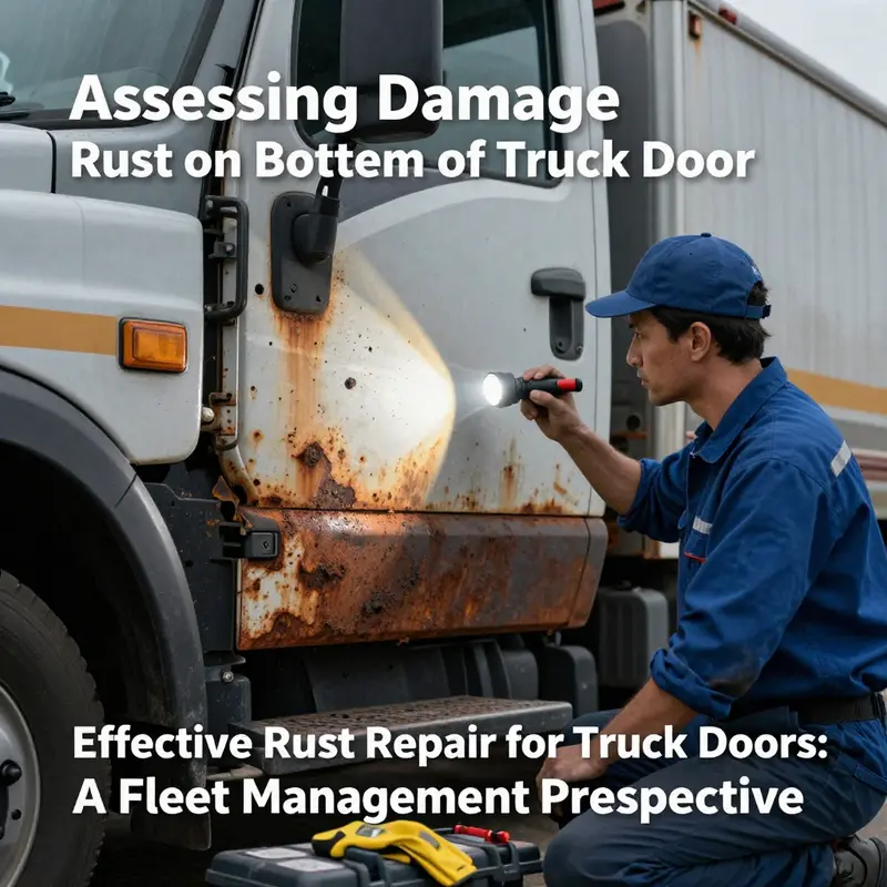 A fleet manager assessing rust damage on the bottom of a truck door, highlighting the importance of damage assessment in maintenance.