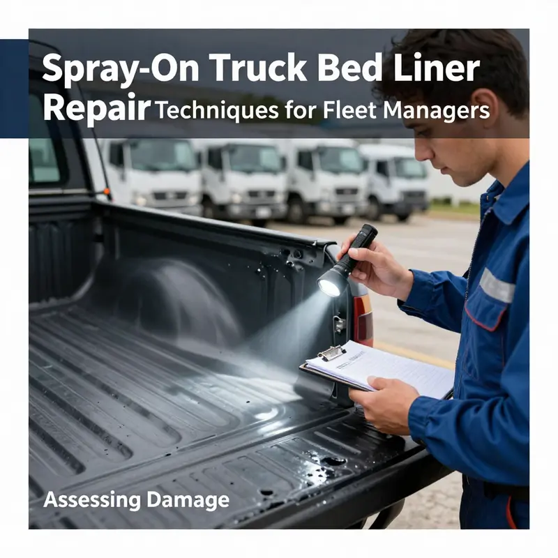 Fleet manager evaluating the condition of a truck bed liner before repairs.