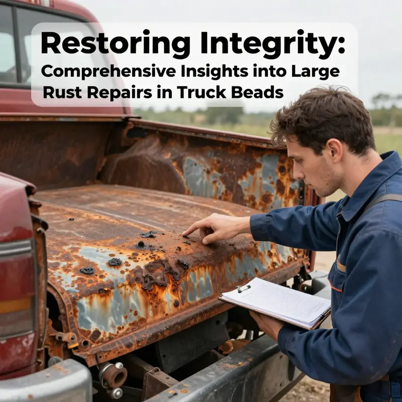 Technician thoroughly assessing rust damage in a truck bed.
