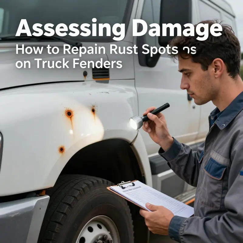 Fleet manager assessing rust damage on a truck fender.