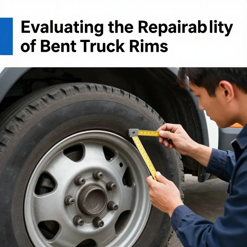 Technician assessing a bent truck rim for potential repair options.