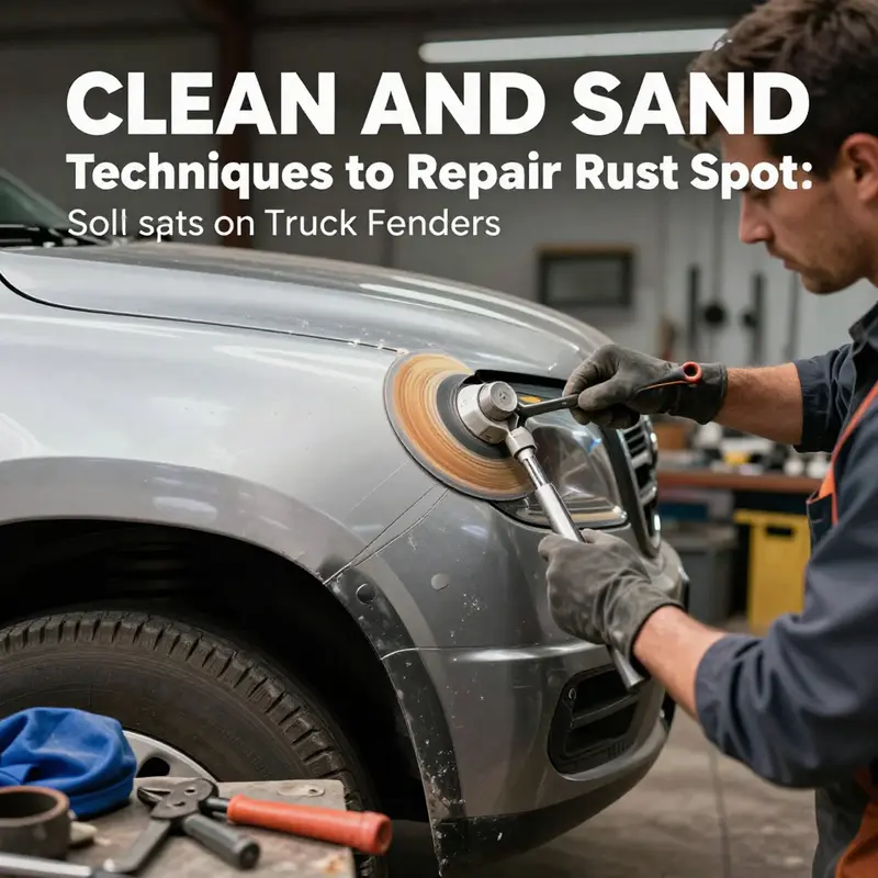 Fleet manager assessing rust damage on a truck fender.