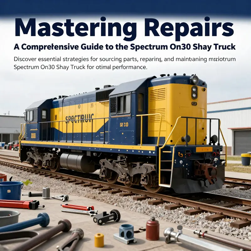 A crafted image of a Spectrum On30 Shay truck on tracks with tools and parts, embodying repair processes.