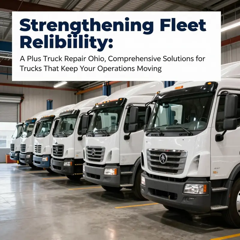 A fleet of trucks in a modern repair facility, ready for maintenance and servicing.