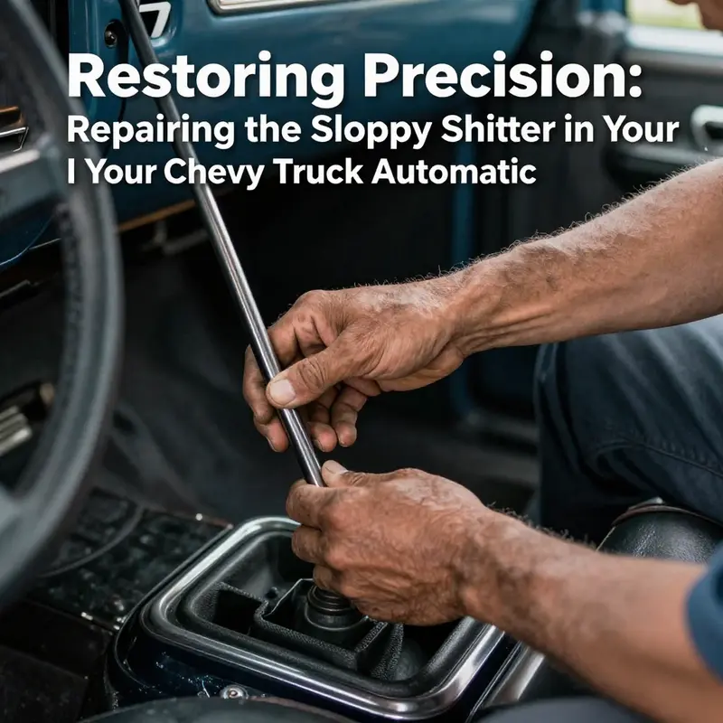 Mechanic diagnosing the shift linkage in a 1976 Chevy truck.