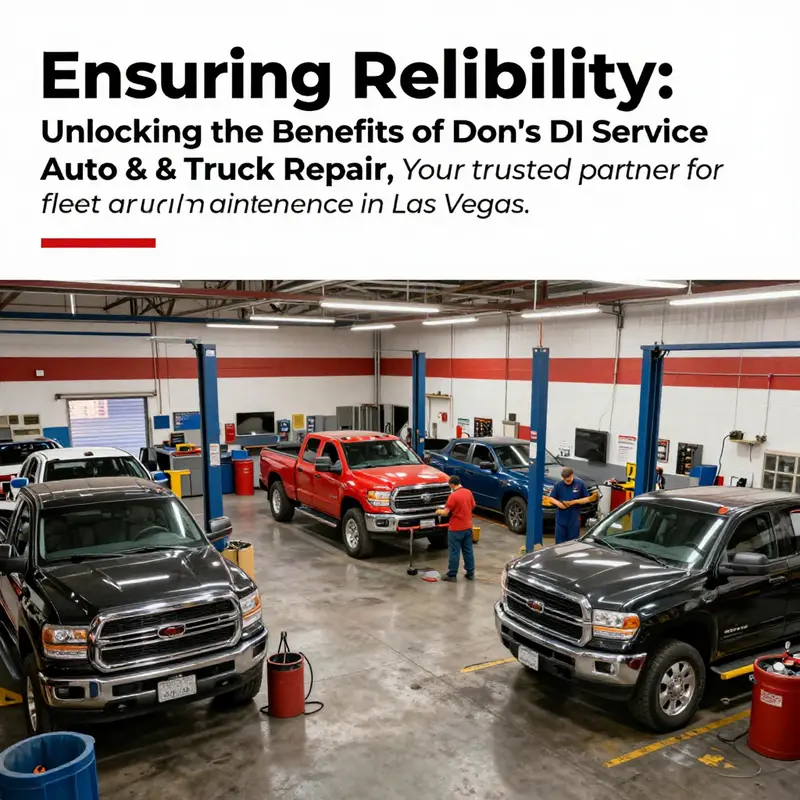 A vibrant auto repair shop scene, with busy mechanics working on trucks in a well-equipped facility in Las Vegas.
