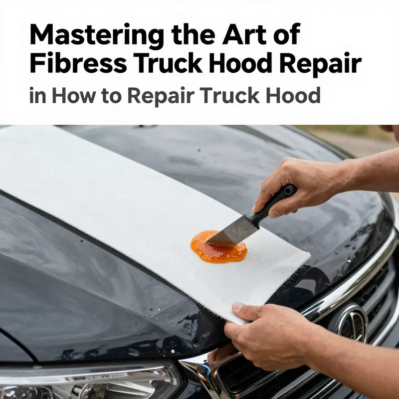 Technician preparing the damaged area of a fiberglass truck hood before repair.