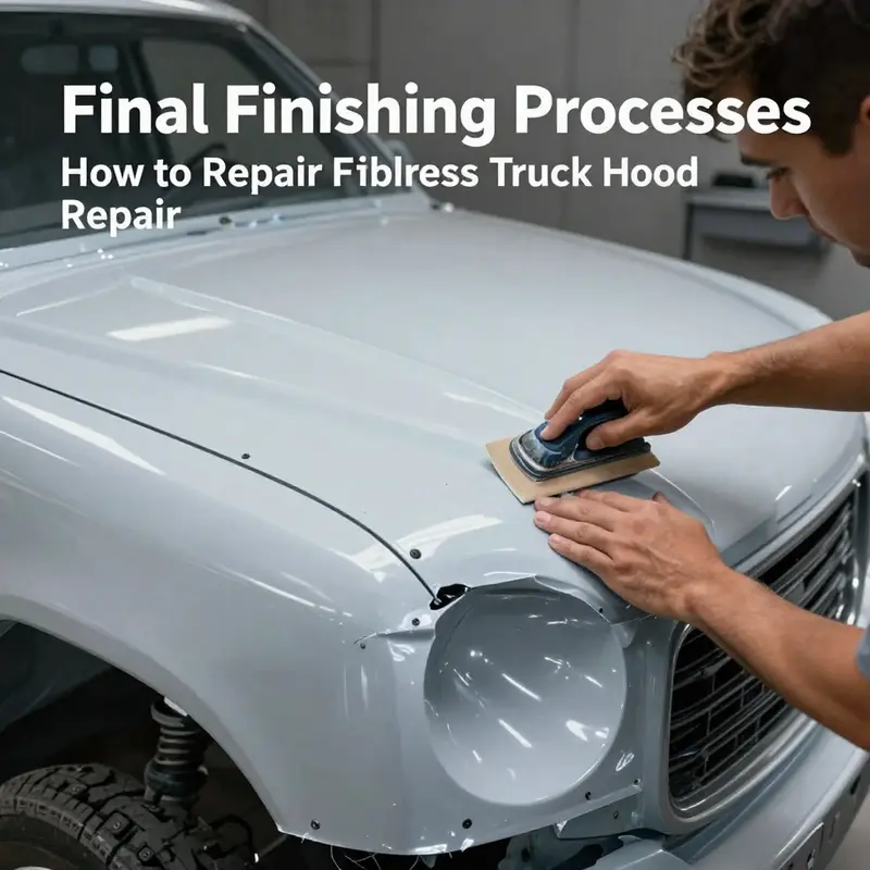Technician preparing the damaged area of a fiberglass truck hood before repair.