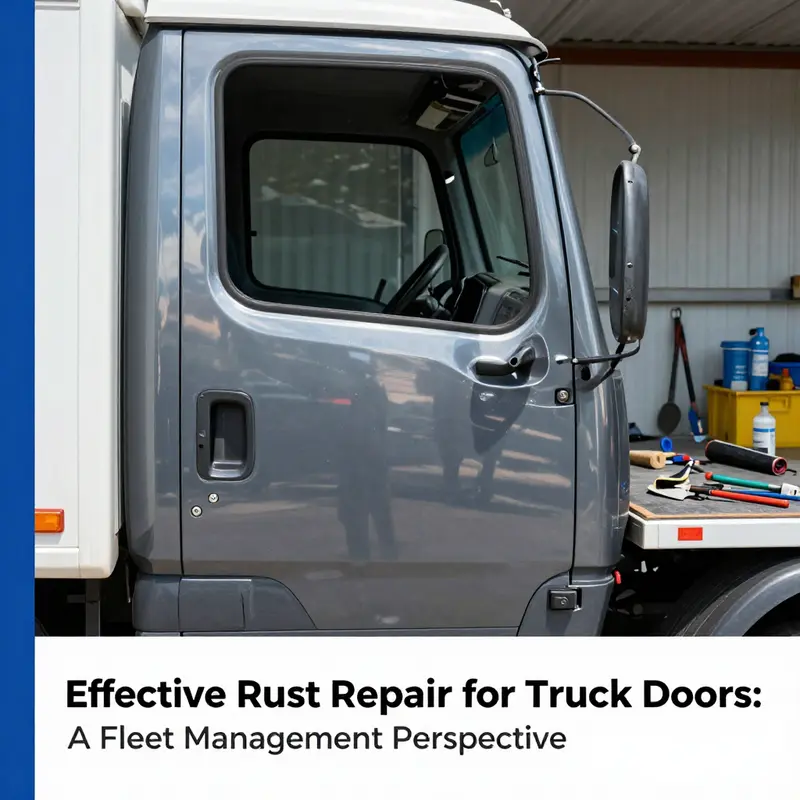 A fleet manager assessing rust damage on the bottom of a truck door, highlighting the importance of damage assessment in maintenance.