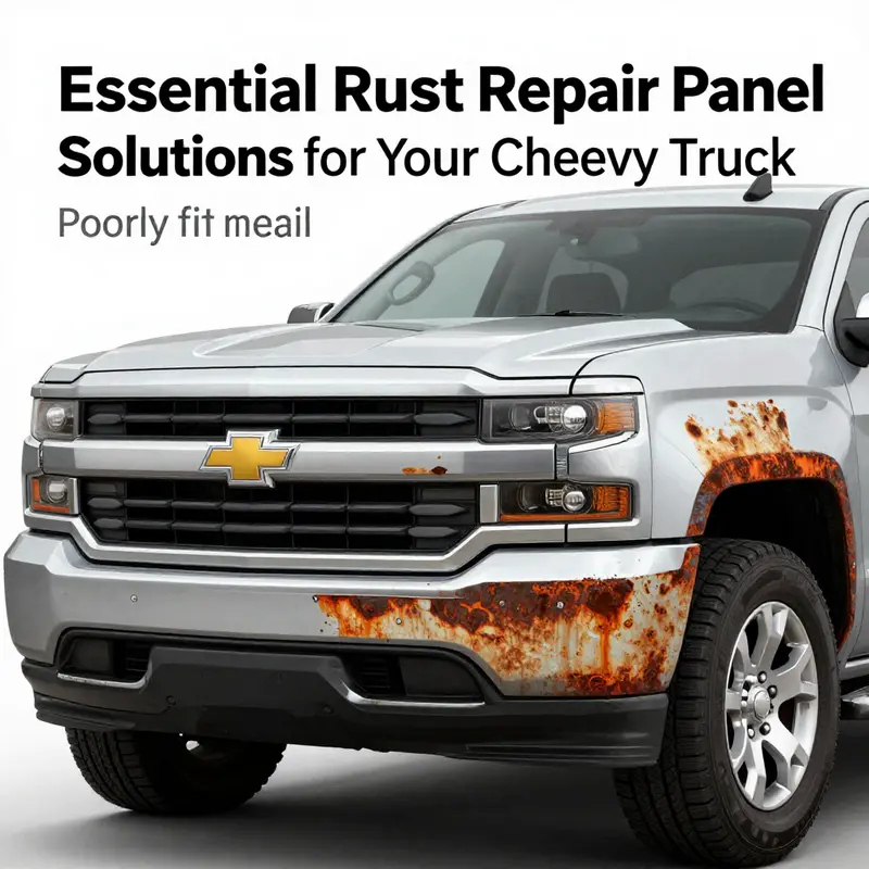 Highlighted areas of rust damage on a Chevy Silverado truck, showcasing specific repair panels for optimal fit.