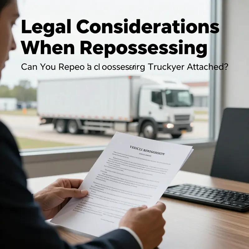 A repossession agent retrieving a truck with trailer, emphasizing the complexities involved in the process.