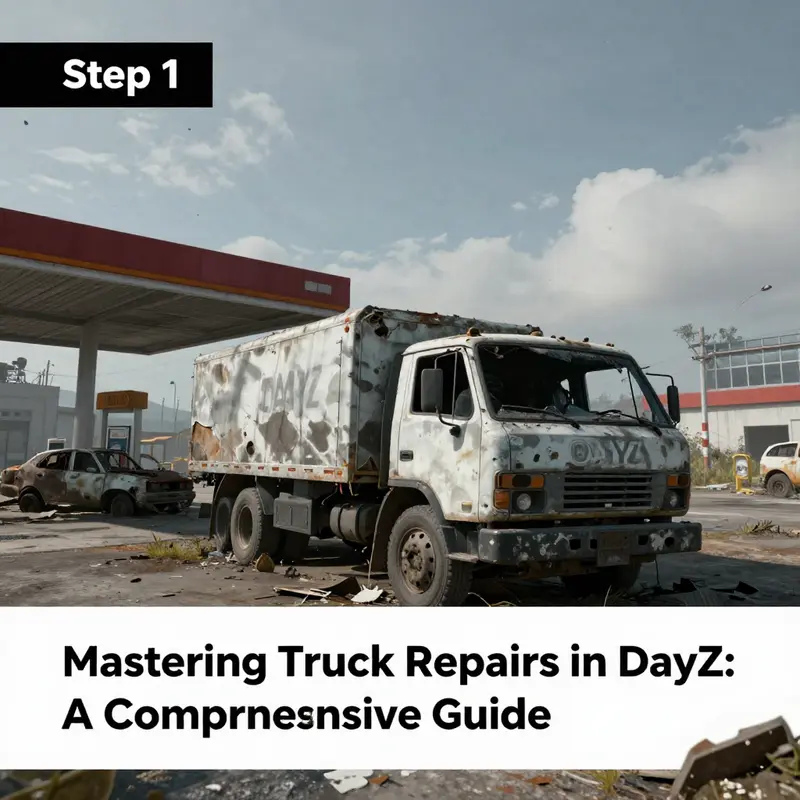 Finding a damaged truck near a gas station, an ideal spot for vehicle repairs in DayZ.