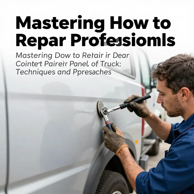 A professional mechanic applying Paintless Dent Repair techniques on a truck panel.