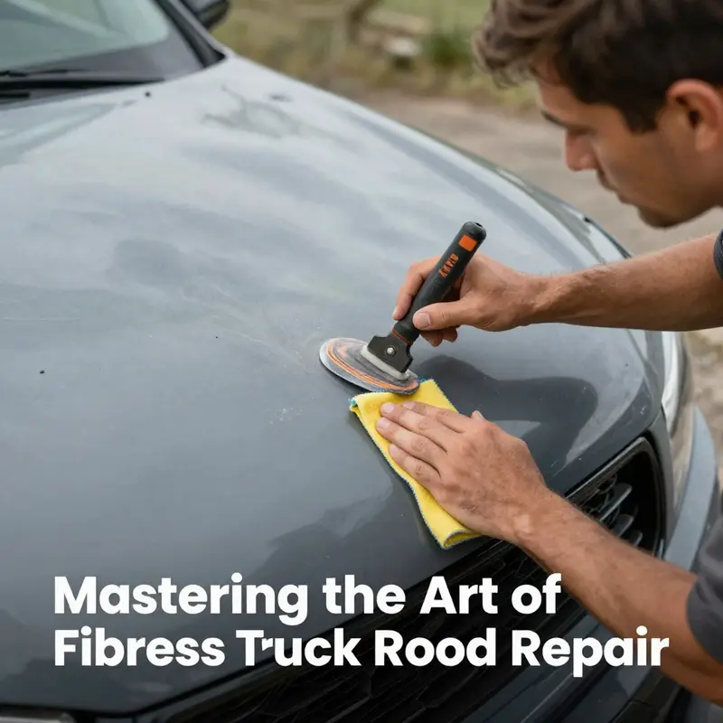Technician preparing the damaged area of a fiberglass truck hood before repair.