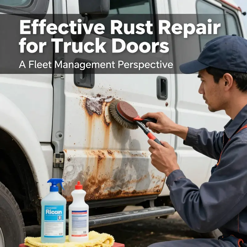 A fleet manager assessing rust damage on the bottom of a truck door, highlighting the importance of damage assessment in maintenance.