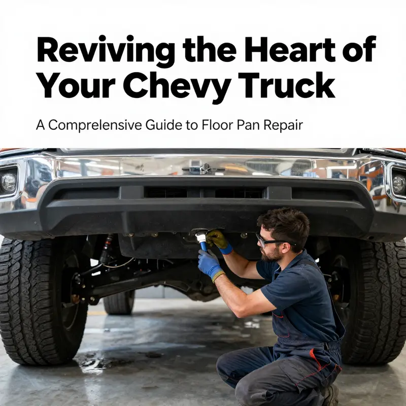 Inspecting a Chevy truck’s floor pan for rust and damage, preparing for repair.