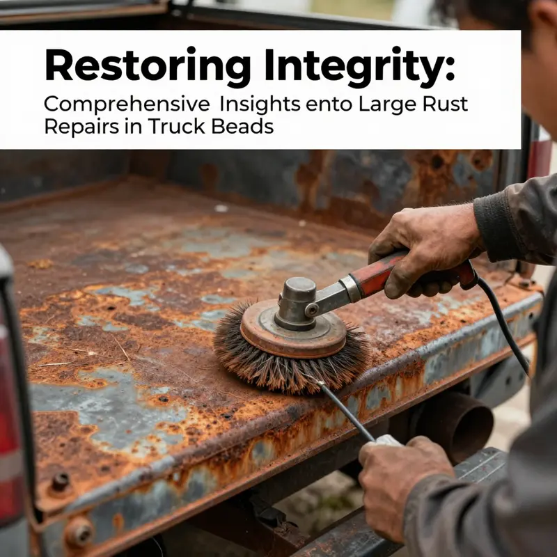 Technician thoroughly assessing rust damage in a truck bed.