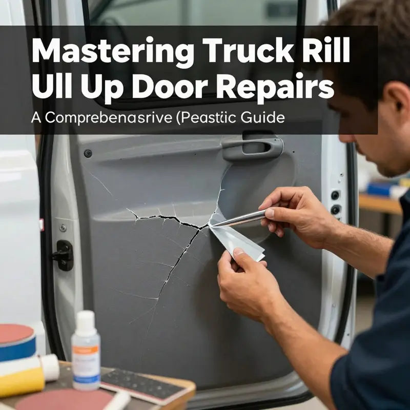 Technician repairing cracks on a truck roll-up door in a workshop environment.