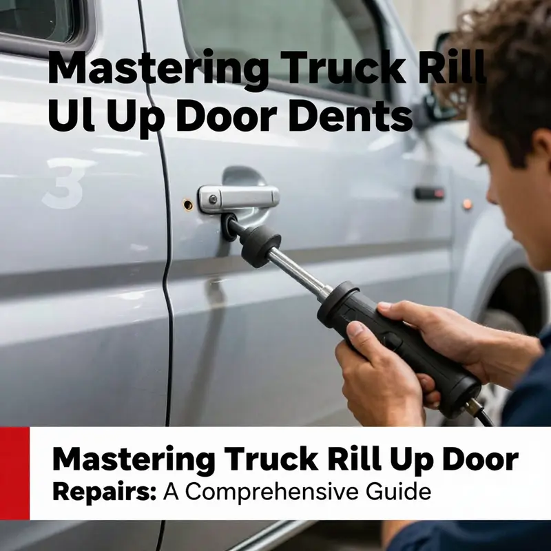 Technician repairing cracks on a truck roll-up door in a workshop environment.