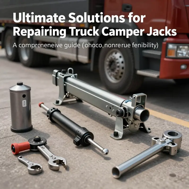 A detailed image showing different types of jacks used in truck campers, alongside tools for repair.