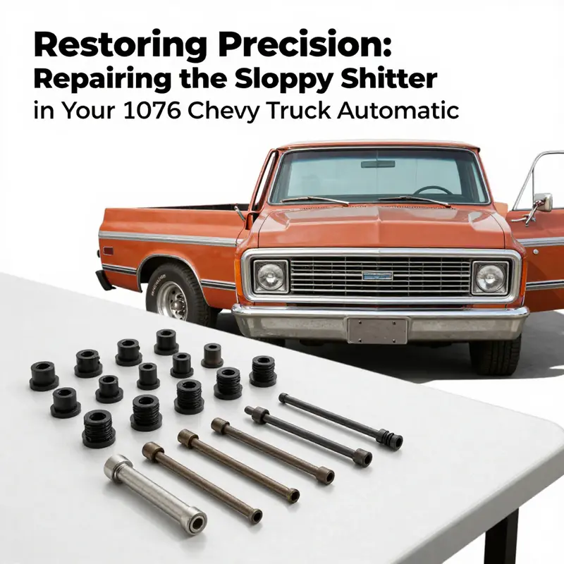 Mechanic diagnosing the shift linkage in a 1976 Chevy truck.