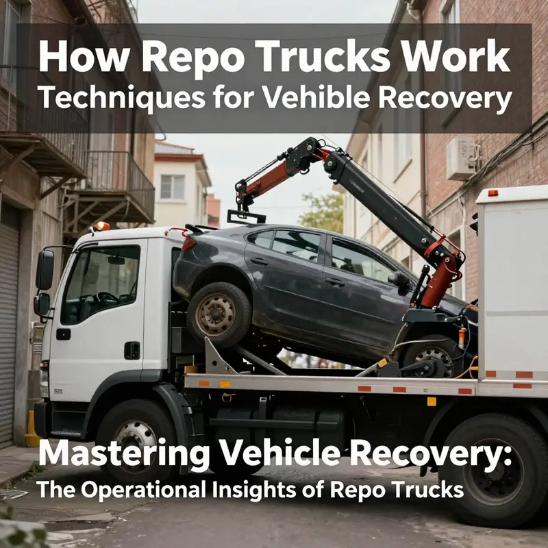 A repo truck and agent preparing for vehicle recovery.