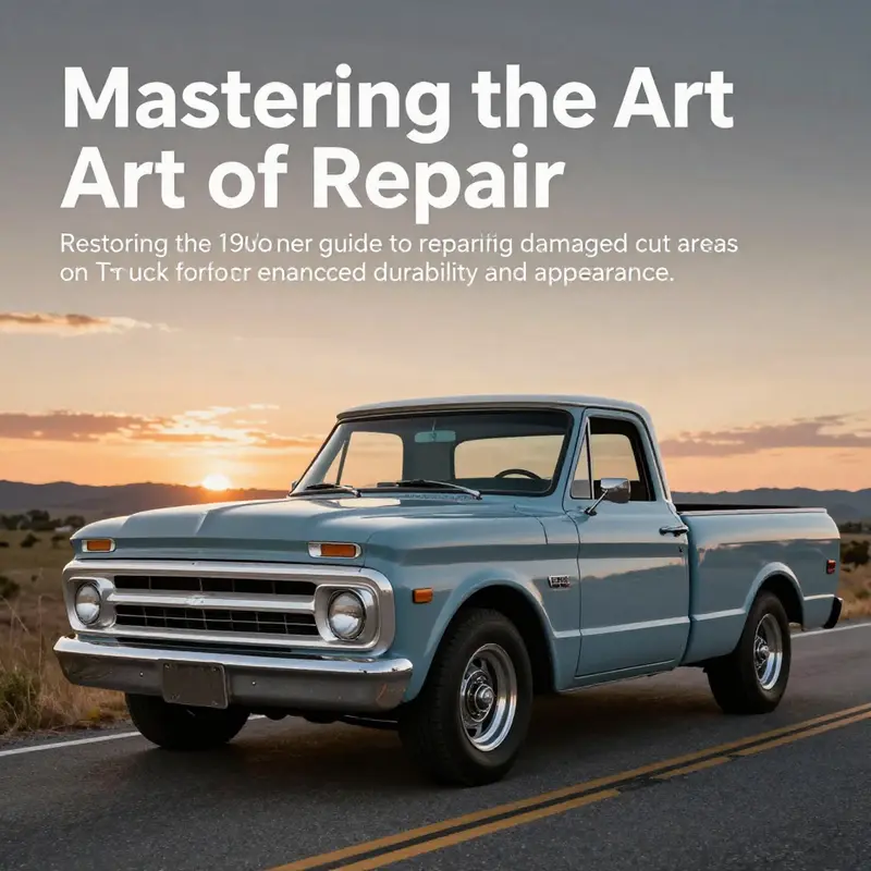A restored 1965 Chevy truck driving on a scenic road during sunset.
