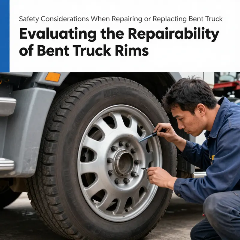 Technician assessing a bent truck rim for potential repair options.