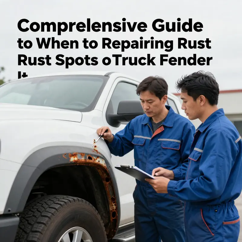 Fleet manager assessing rust damage on a truck fender.