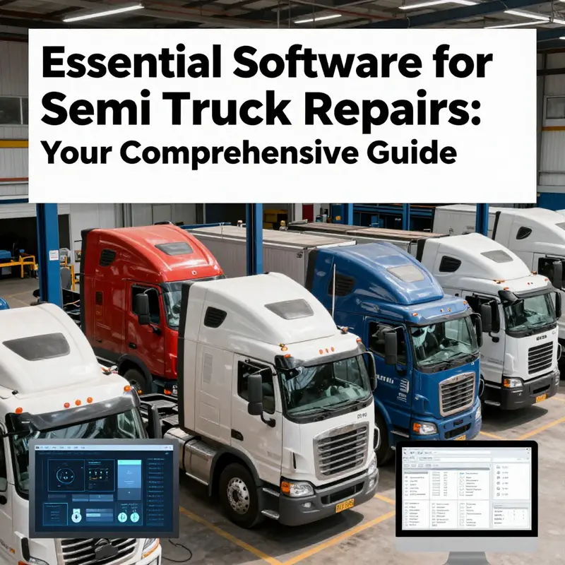 Array of semi-trucks in a busy repair shop, with visual elements representing diagnostic software and repair tools for context.