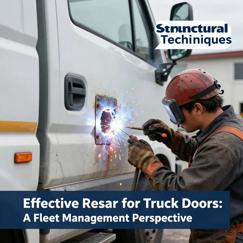 A fleet manager assessing rust damage on the bottom of a truck door, highlighting the importance of damage assessment in maintenance.
