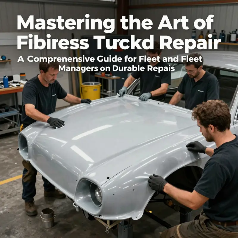 A diverse team of technicians repairing truck hoods, showcasing teamwork and professional tools in action.