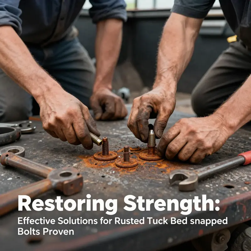 Team of mechanics repairing rusted bolts on a truck bed, surrounded by tools.