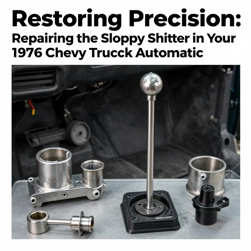 Mechanic diagnosing the shift linkage in a 1976 Chevy truck.