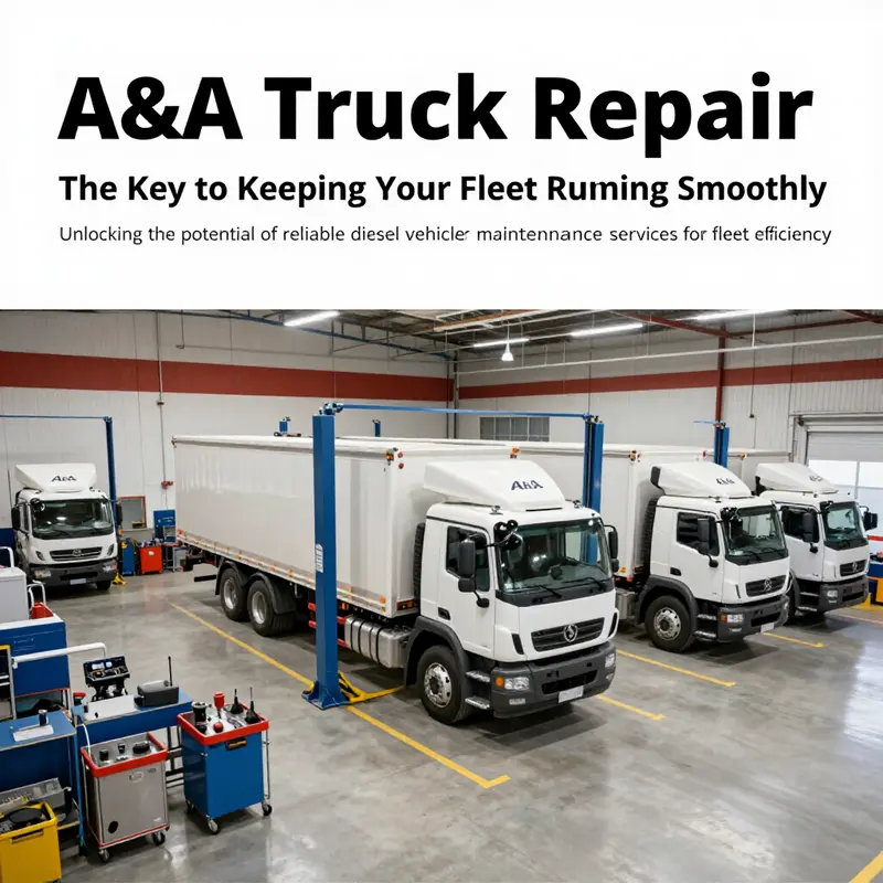 A wide-angle view of the clean and organized A&A Truck Repair facility, with multiple diesel trucks undergoing service.