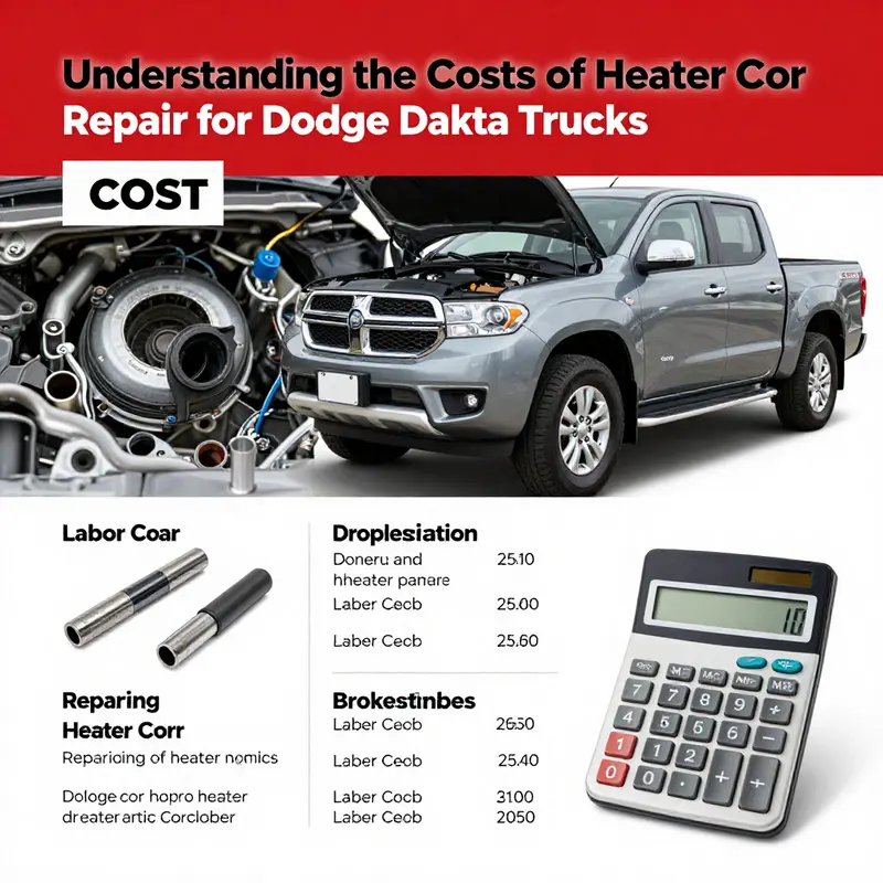 A detailed breakdown of the cost components for repairing a heater core on a Dodge Dakota truck.