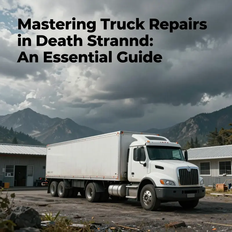 A scenic view of trucks at a delivery center in Death Stranding, surrounded by dramatic landscapes.