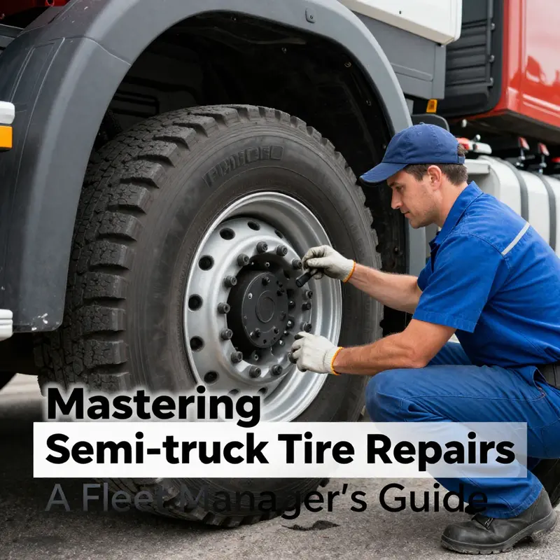 A fleet manager confidently repairing a semi-truck tire, showcasing the practicality of self-repair techniques.