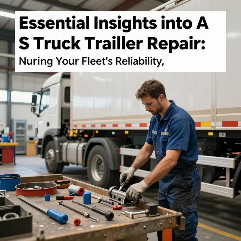 Mechanic repairing a truck trailer in a well-equipped repair shop, highlighting tools and parts for truck maintenance.